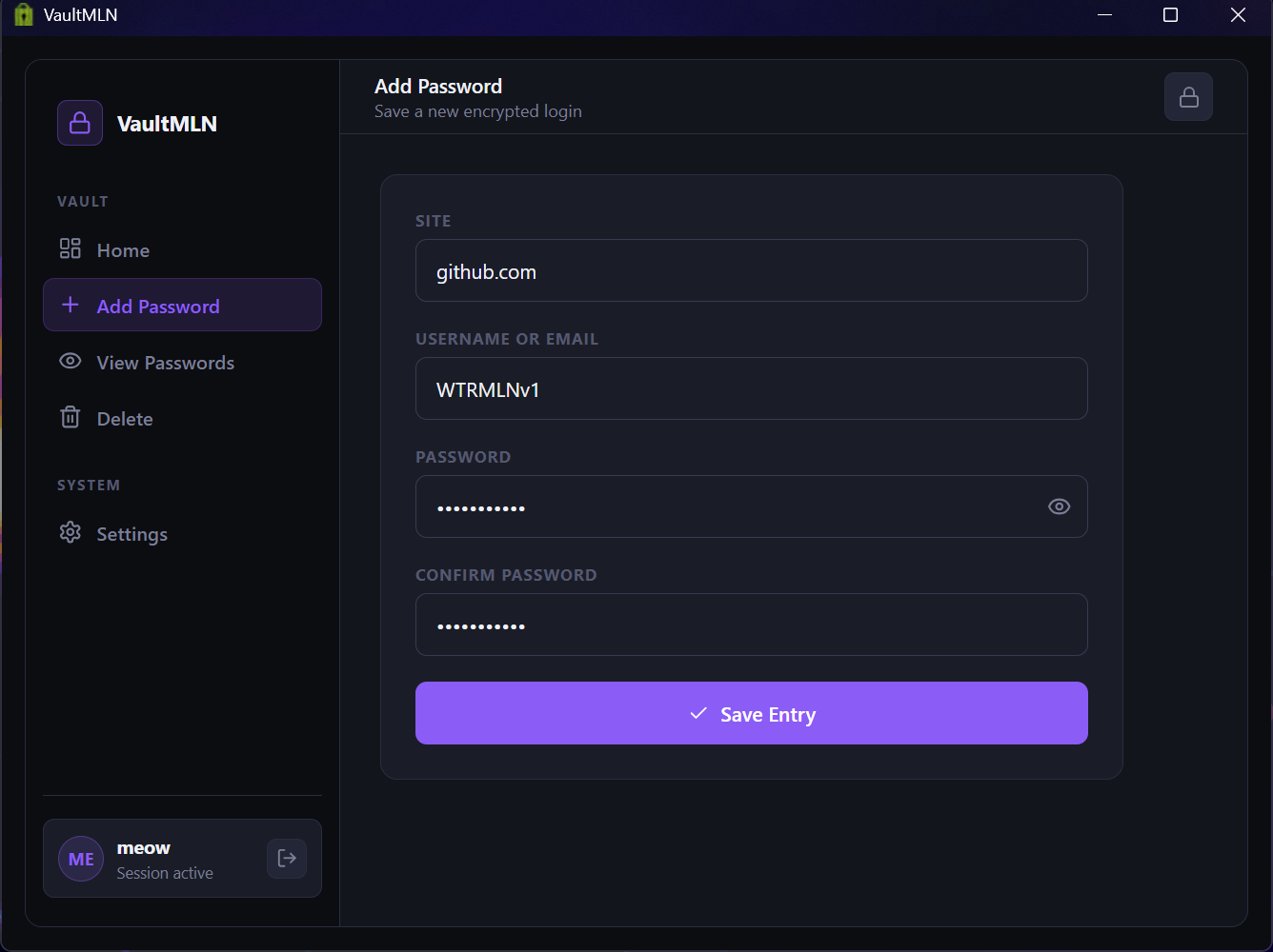 VaultMLN application screenshot